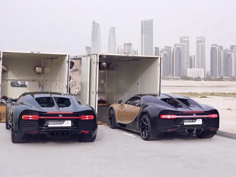 Land freight car shipping Dubai — Bugatti Chiron enclosed transport