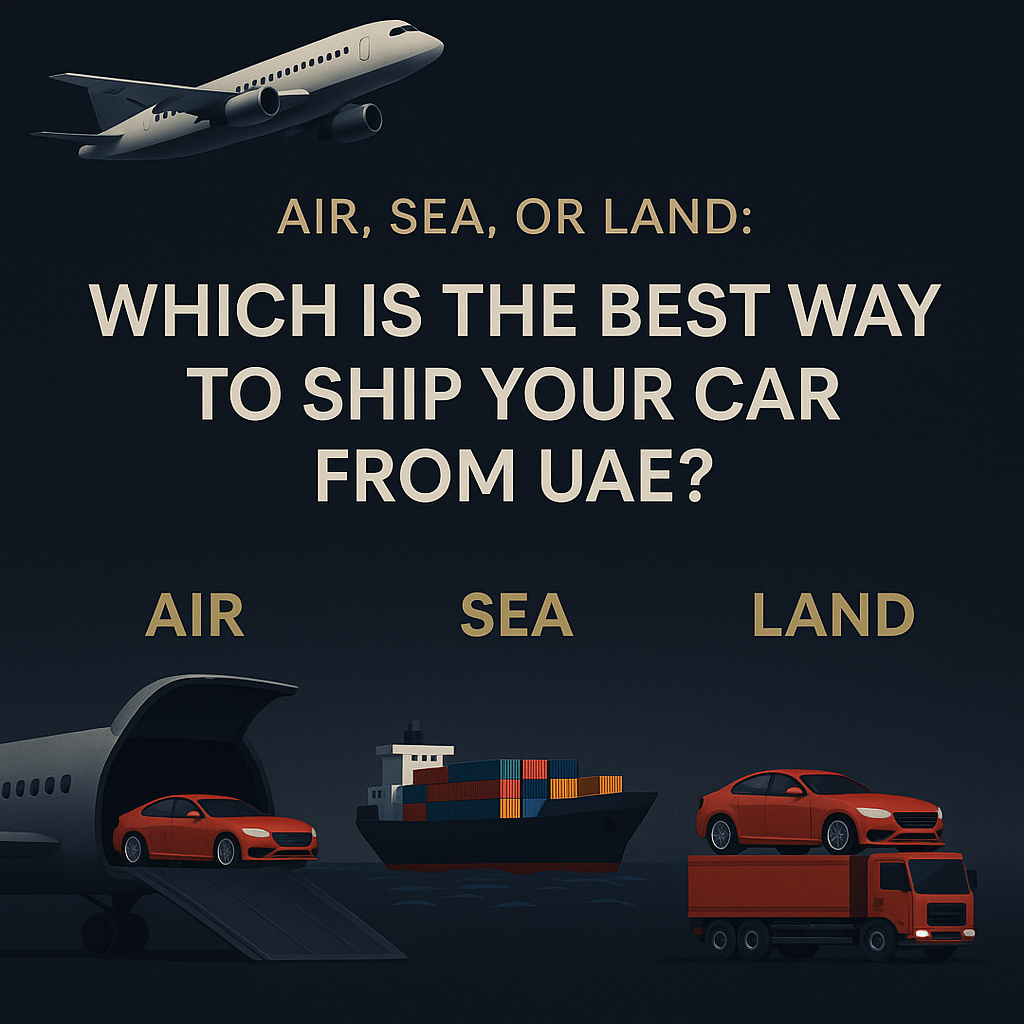 Premium infographic on dark background showing car shipping methods from UAE: air freight with airplane and car, sea freight with cargo ship, and land transport with truck carrying a car.