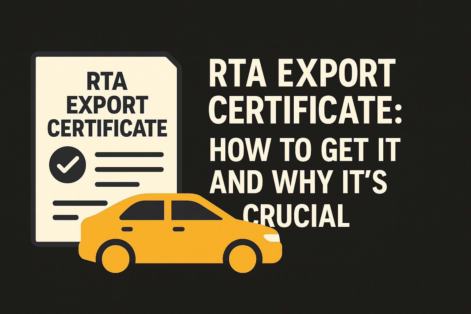 Illustration of an RTA Export Certificate and a yellow car on a dark background with the title “RTA Export Certificate: How to Get It and Why It’s Crucial” in bold beige text.