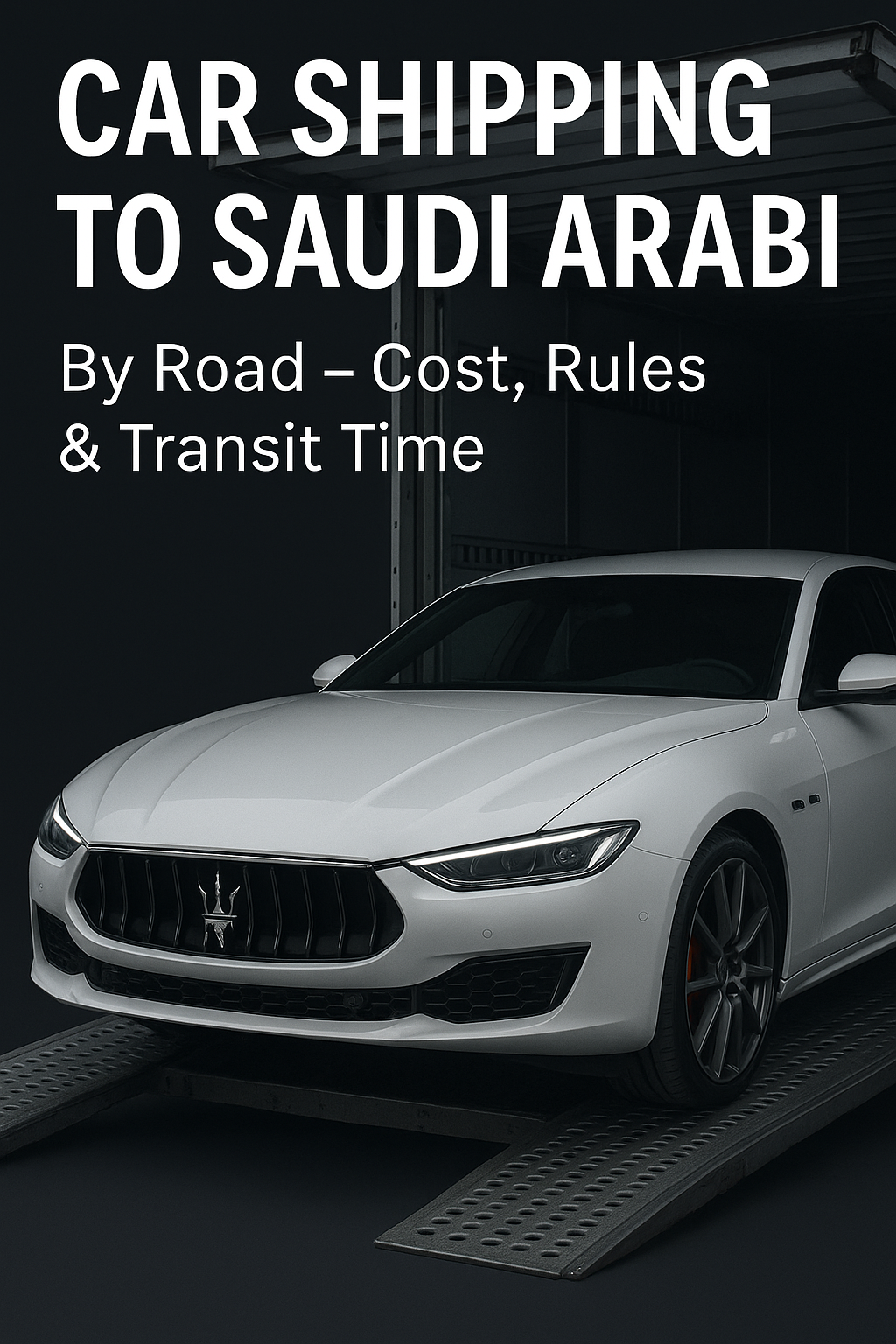2025 Maserati Ghibli being loaded into an enclosed car transport truck for road shipping to Saudi Arabia.