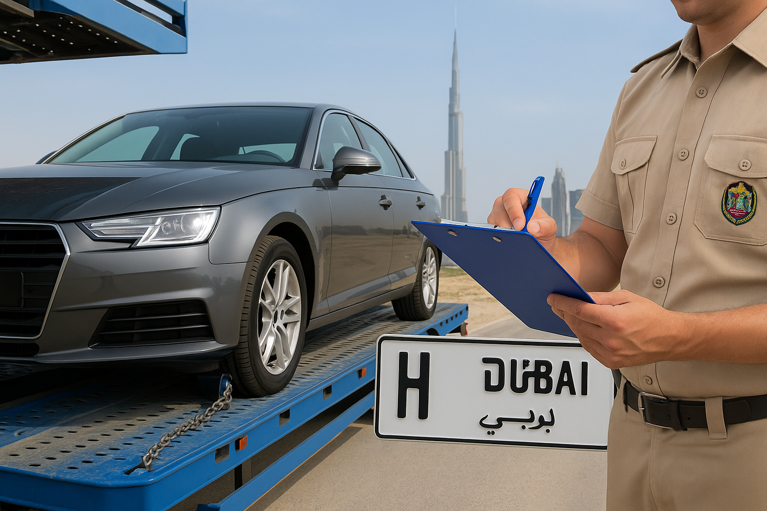 Car being imported to Dubai with customs officer inspecting documents and Dubai number plate in front of Burj Khalifa