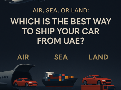 Premium infographic on dark background showing car shipping methods from UAE: air freight with airplane and car, sea freight with cargo ship, and land transport with truck carrying a car.
