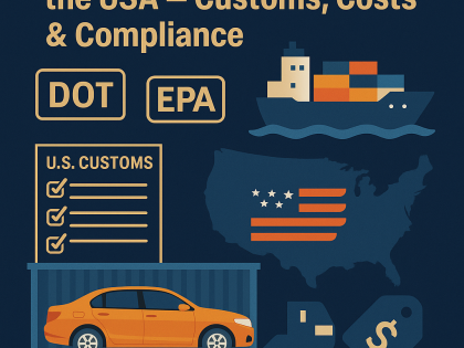 Dark-themed infographic showing car shipping from Dubai to the USA with visuals of a car in a container, U.S. map, customs checklist, and DOT/EPA icons.