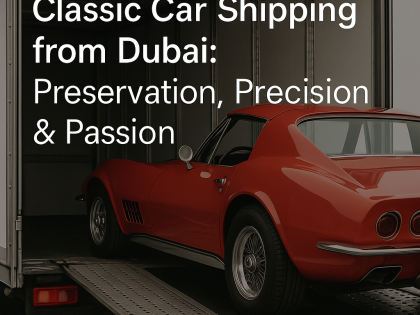 A classic red Chevrolet Corvette being carefully loaded into an enclosed car transport trailer, highlighting the precision and care involved in shipping vintage vehicles from Dubai.
