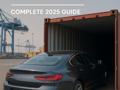 Luxury car being loaded into a red shipping container at Dubai port with cranes in the background, representing international car shipping from Dubai to Europe – Freight My Car 2025 Guide.