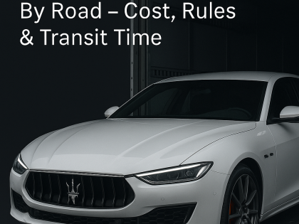 2025 Maserati Ghibli being loaded into an enclosed car transport truck for road shipping to Saudi Arabia.