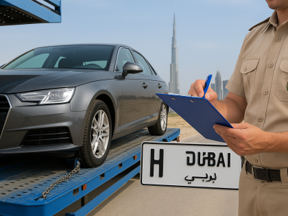 Car being imported to Dubai with customs officer inspecting documents and Dubai number plate in front of Burj Khalifa